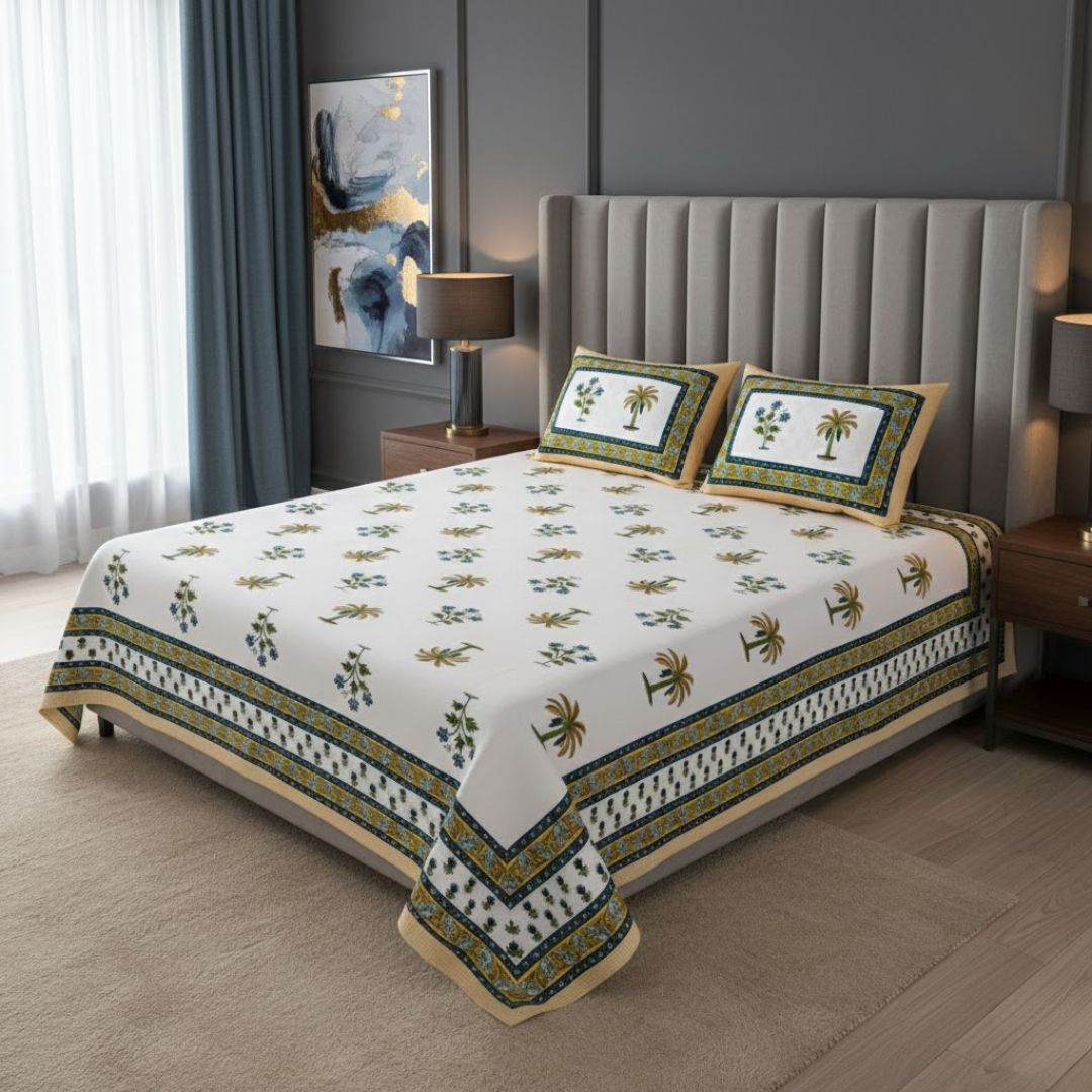 Cultural Mosaic Lemon Block Print Pure Cotton Double Bedsheet